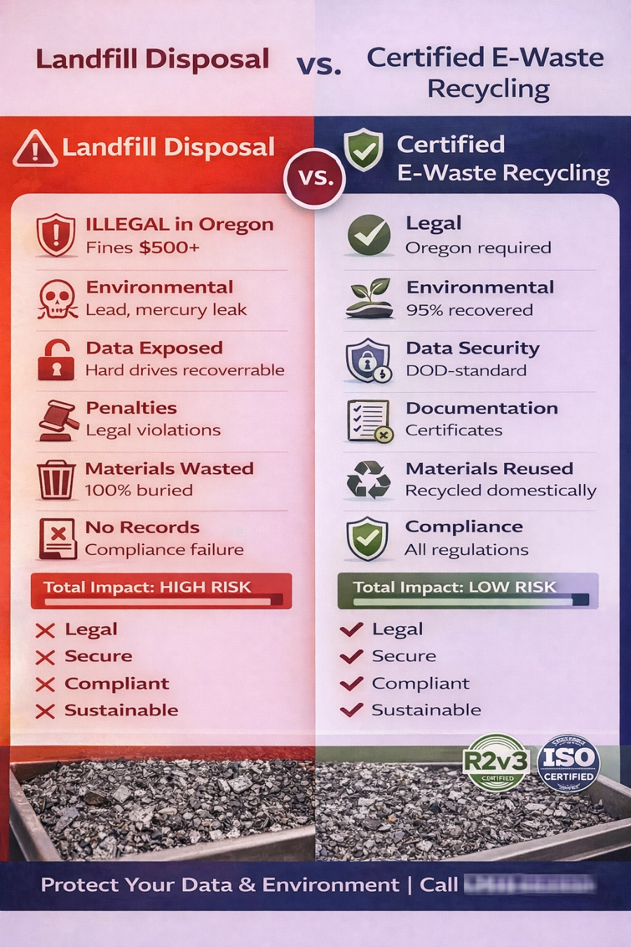 Electronics recycling landfill vs certified infographic Beaverton Oregon