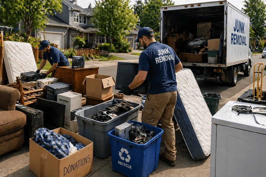 junk removal crew sorting furniture and recyclables for disposal in Beaverton OR