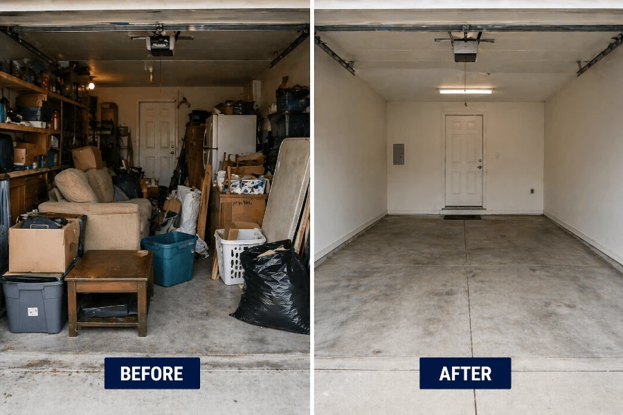 before and after garage cleanout showing clutter removal results in Beaverton Oregon