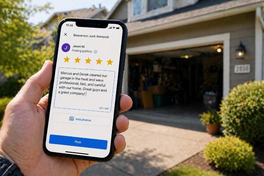Customer leaving 5-star Google review for Beaverton Junk Removal crew members by name