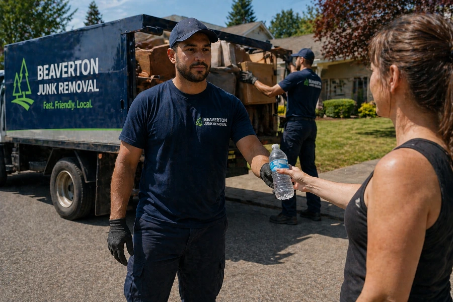Homeowner offering cold water to junk removal worker on hot day in Oregon