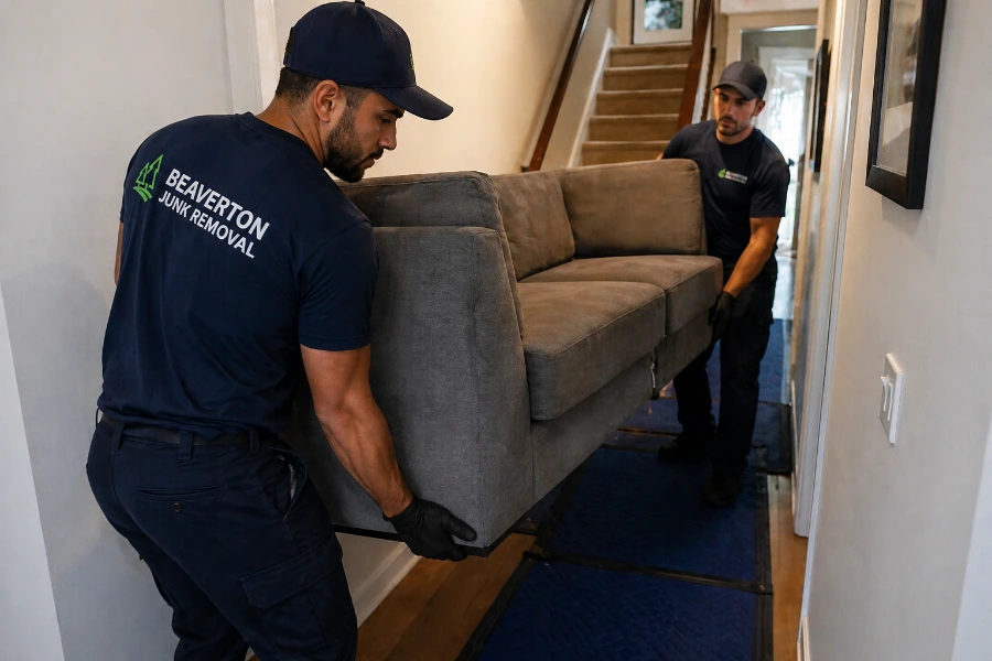 Junk removal crew carefully carrying couch down stairs in Beaverton Oregon home
