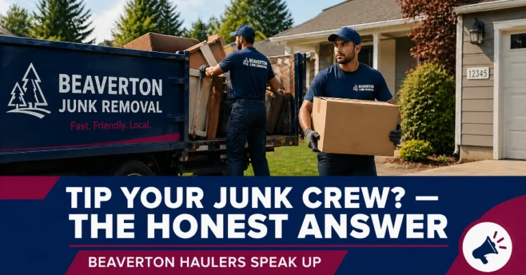 Junk removal crew loading truck at Beaverton OR home — tipping guide