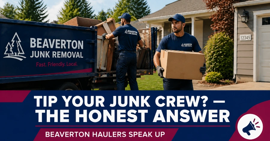Junk removal crew loading truck at Beaverton OR home — tipping guide