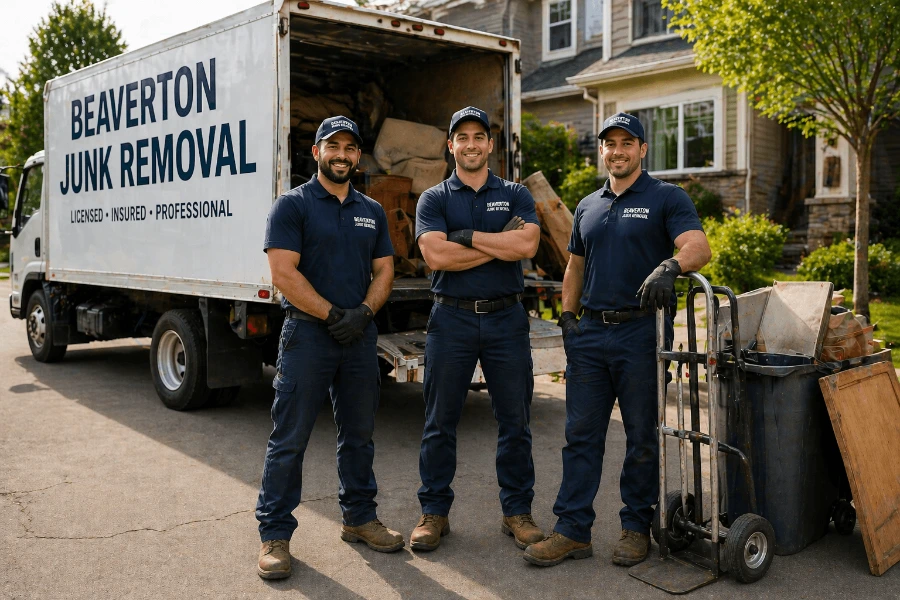  professional Beaverton Junk Removal team standing with truck ready for residential service near Portland