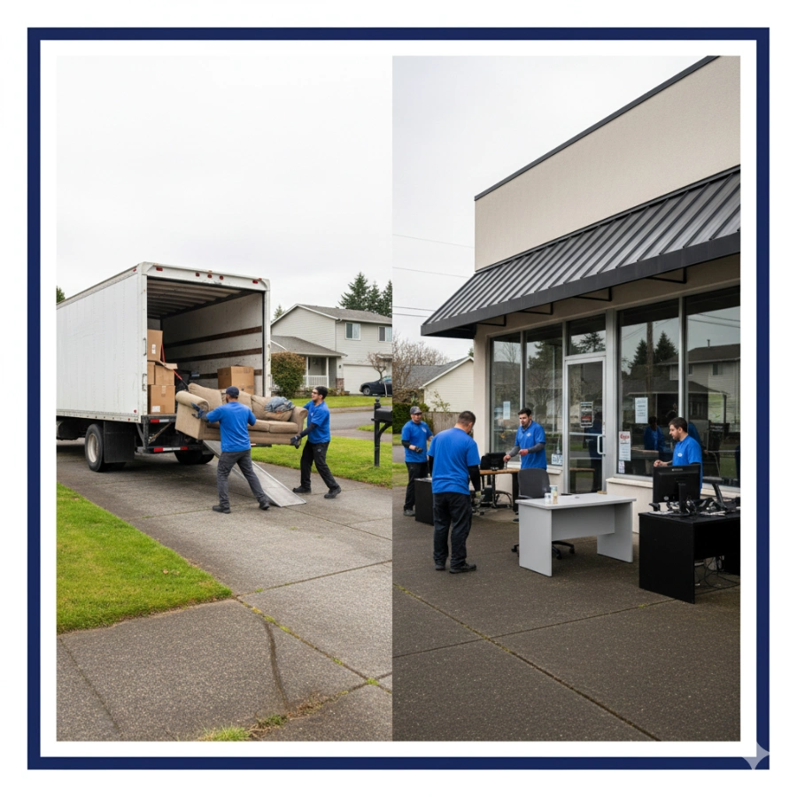  Residential and commercial junk removal crew loading furniture and office items in Beaverton, Oregon