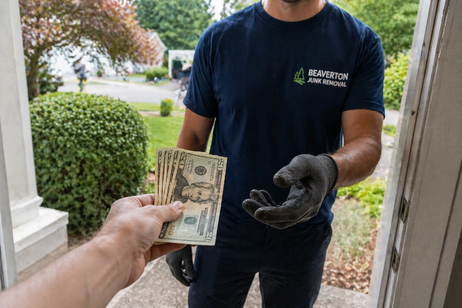 Customer handing cash tip to Beaverton Junk Removal crew member after cleanout