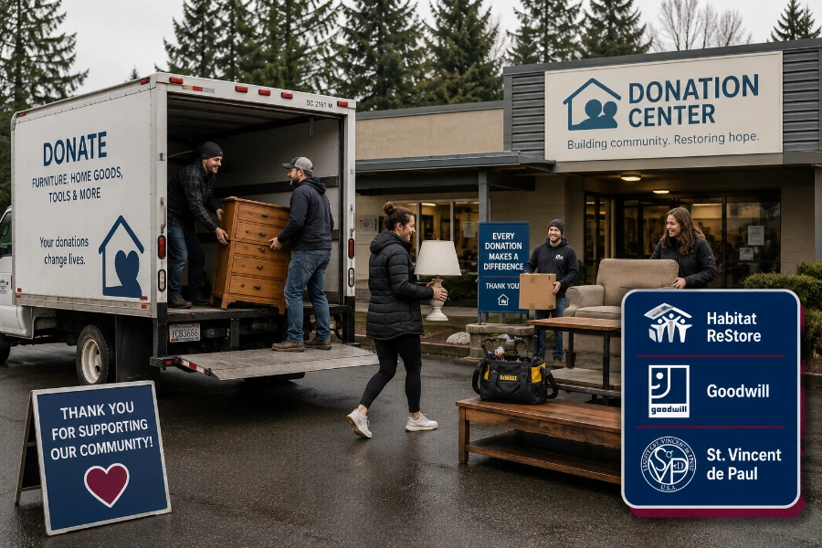 donation options for garage cleanout items near the area including Habitat ReStore and Goodwill