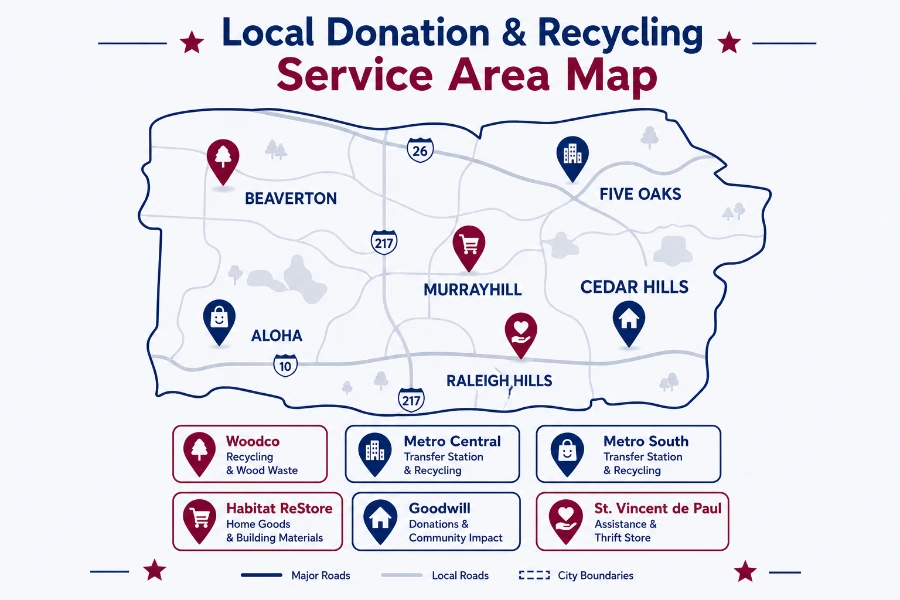 Where to Take Junk in Beaverton—Cheapest & Fastest Options 3 Map of donation recycling and disposal locations across Beaverton Oregon