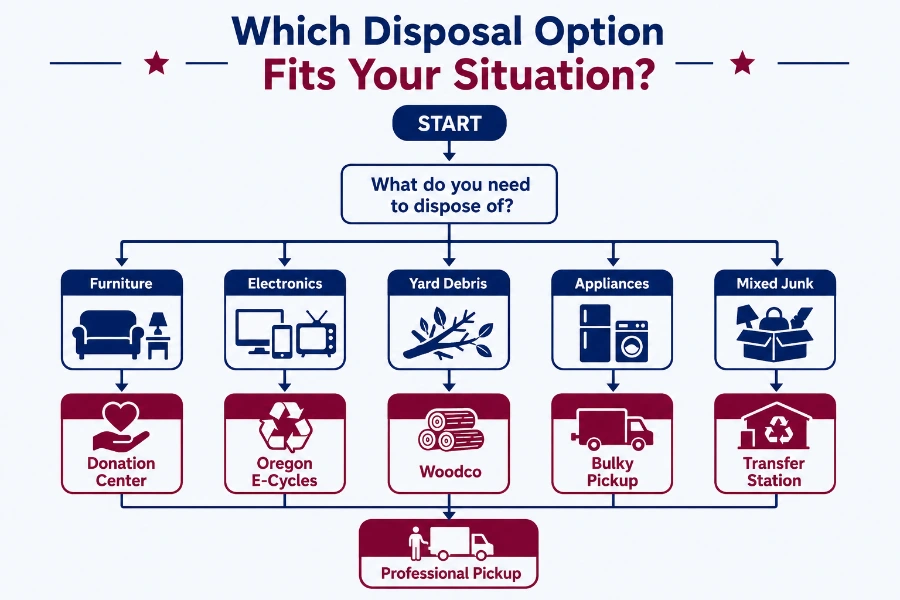 Where to Take Junk in Beaverton—Cheapest & Fastest Options 5 Flowchart showing disposal options for furniture electronics and mixed junk