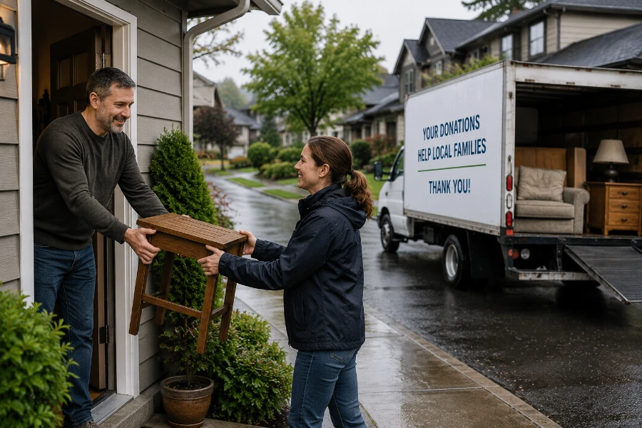 Neighbor loading a free curbside chair into a vehicle near Beaverton Oregon