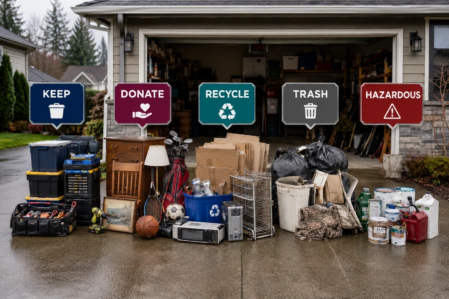 keep donate recycle trash sorting system during a garage cleanout in Washington County Oregon
