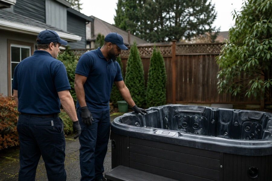 Beaverton Junk Removal crew assessing hot tub before removal from residential backyard near Portland