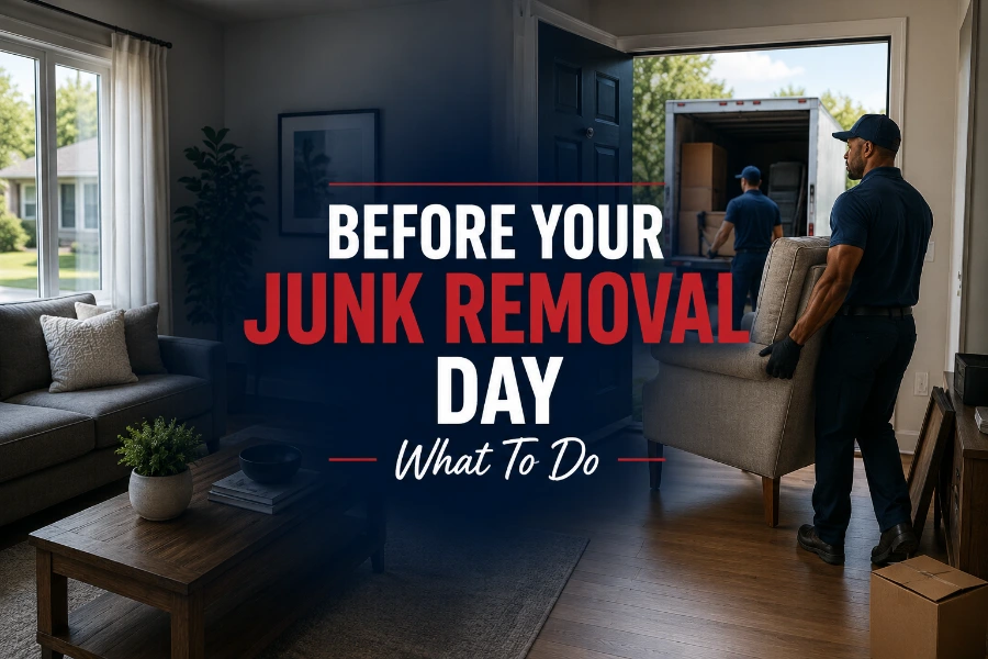 Washing County homeowner preparing for junk removal appointment by clearing path through living room