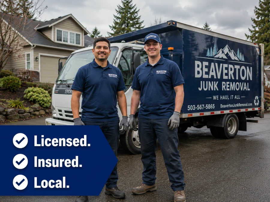 Beaverton Junk Removal crew with marked truck and uniforms — licensed and insured team