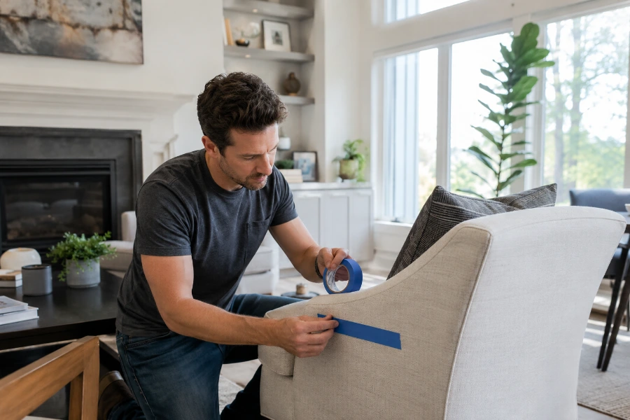 Homeowner marking furniture to keep before junk removal crew arrives