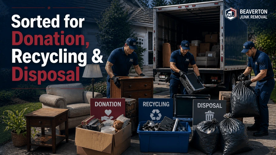 Junk removal team sorting items for donation recycling and disposal