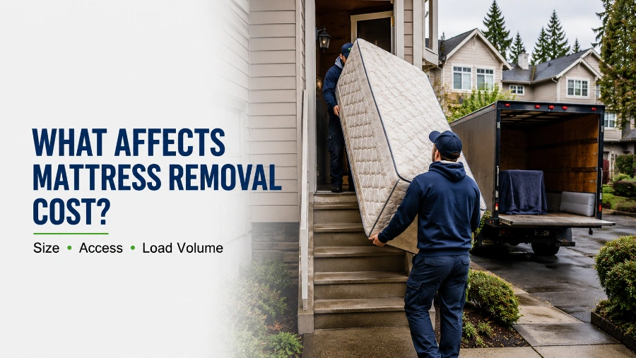 Mattress Removal Cost in Beaverton — Prices by Size 2026 2 Mattress being carried down stairs during a Beaverton pickup