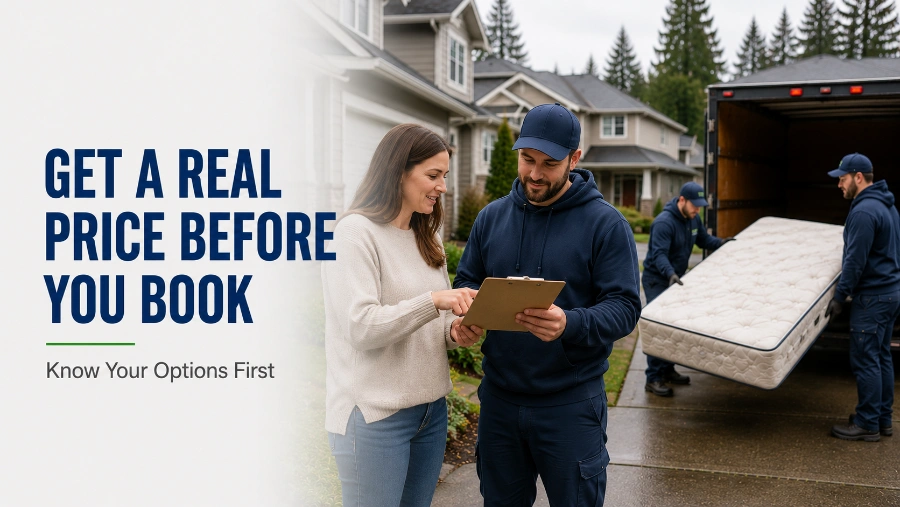 Mattress Removal Cost in Beaverton — Prices by Size 2026 5 Homeowner reviewing a mattress removal quote before scheduling