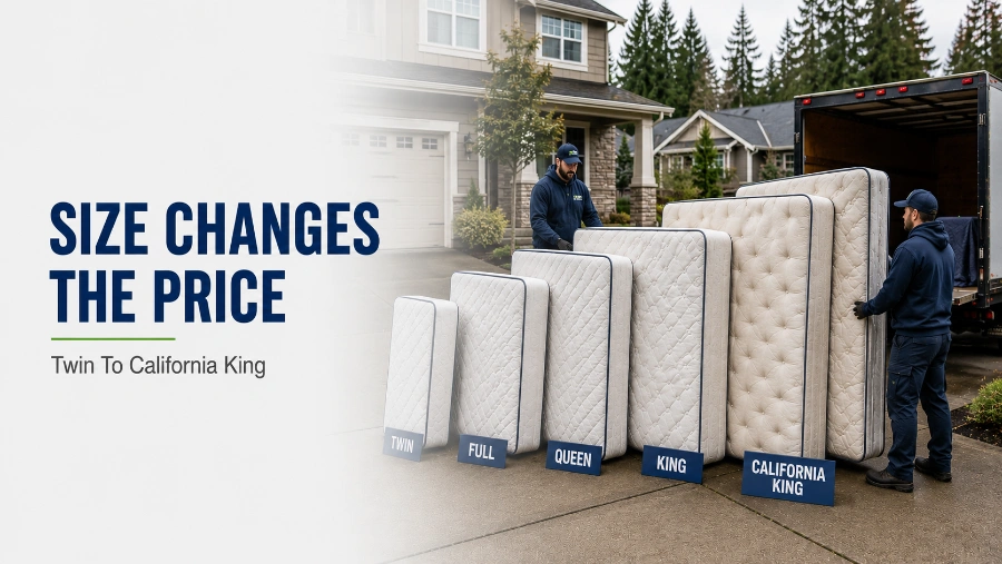 Mattress Removal Cost in Beaverton — Prices by Size 2026 3 Different mattress sizes lined up for residential removal service