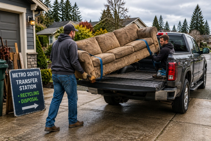 Best Ways to Get Rid of an Old Couch in Beaverton—4 Options 3 Homeowner loading old couch into truck for self-haul disposal near Beaverton