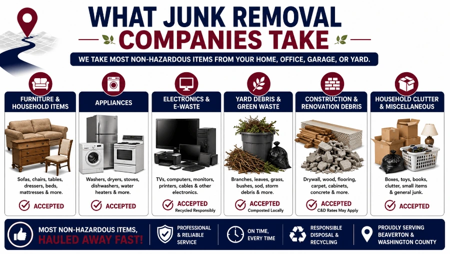Beaverton Junk Removal accepts furniture, appliances, electronics, and yard debris