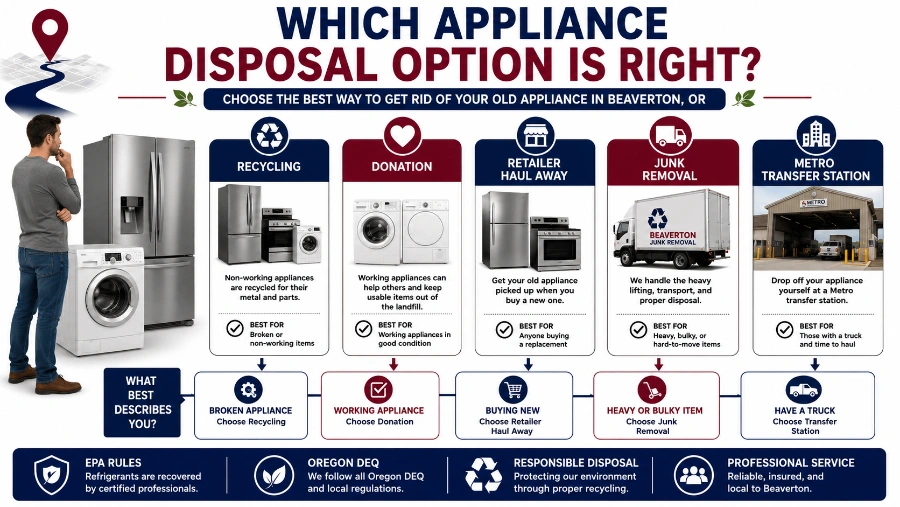 Homeowner comparing recycling, donation, and junk removal options for an old appliance