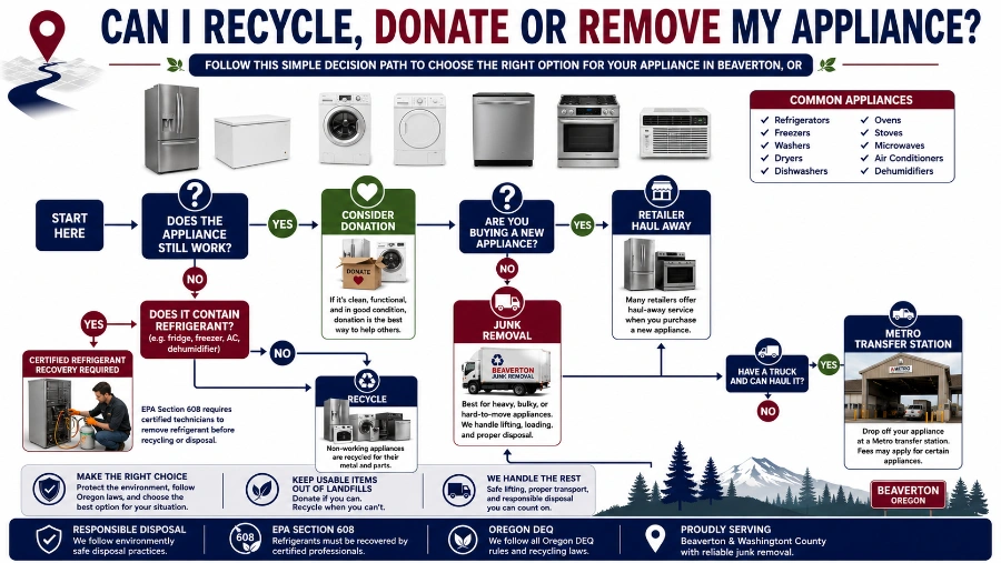 Decision tree showing whether to recycle, donate, or schedule junk removal pickup based on appliance condition and type
