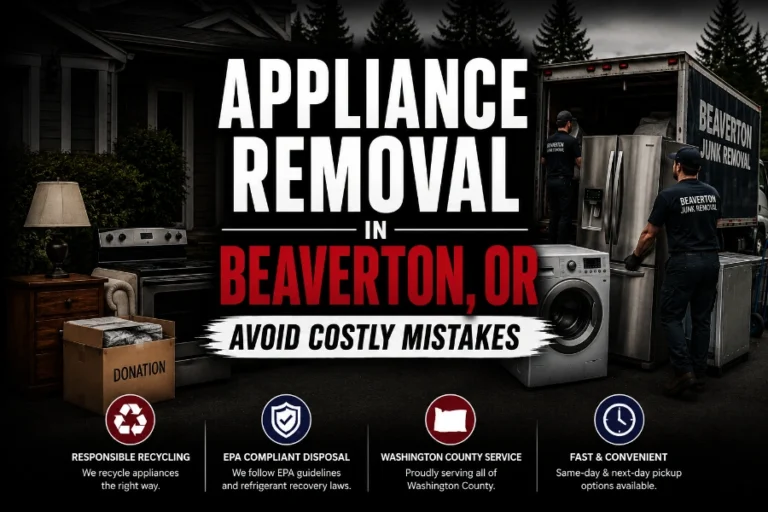 Refrigerator, washer, and dryer staged in a driveway for appliance removal in Beaverton, Oregon