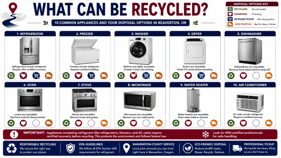Infographic comparing recycling, donation, retailer pickup, and junk removal options for common household appliances