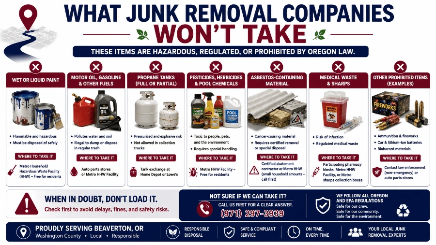 Paint, fuel, propane tanks, chemicals, asbestos, and sharps requiring safe disposal