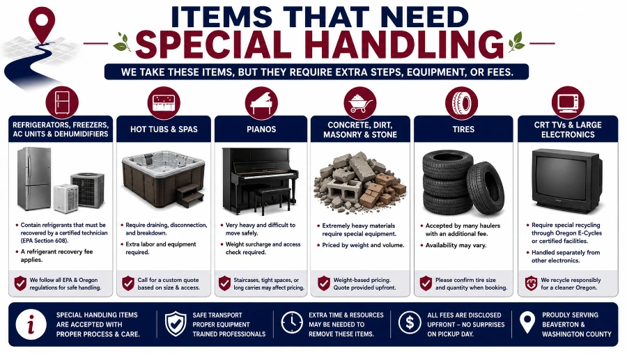 Refrigerators, hot tubs, pianos, tires, and heavy debris needing extra handling
