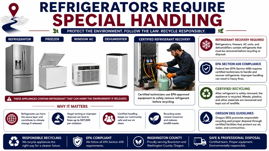 Technician recovering refrigerant from a refrigerator before disposal