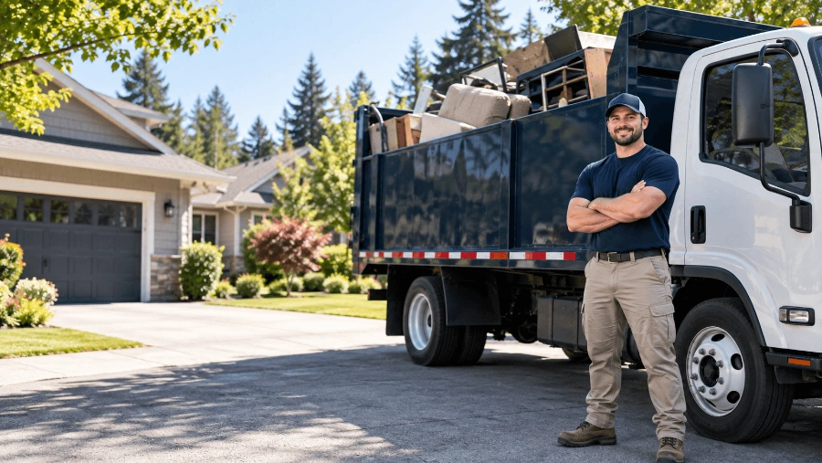 Hoarder Cleanout in Beaverton — Honest Pricing, No Judgment 7 Professional junk removal worker outside a residential home