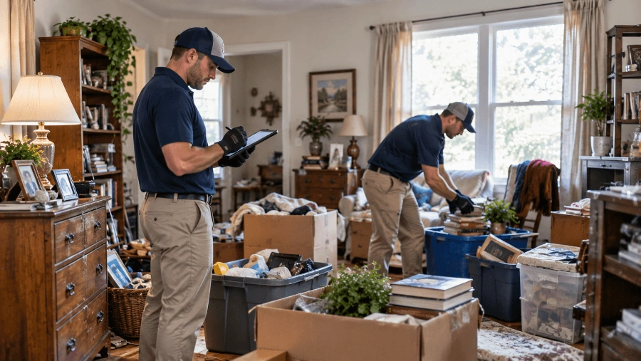 Hoarder Cleanout in Beaverton — Honest Pricing, No Judgment 2 Junk removal workers assessing a cluttered home