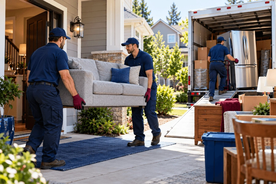 Two movers carrying a sofa to the truck while a fridge is loaded, Beaverton Oregon