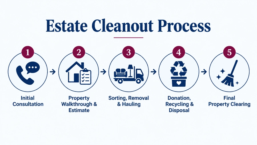 Estate cleanout process infographic showing five service steps