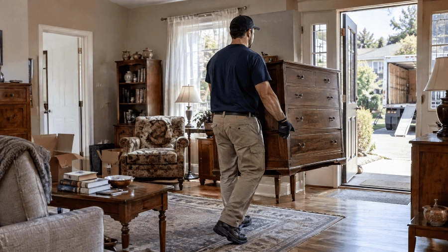 Worker carrying furniture from a residential property