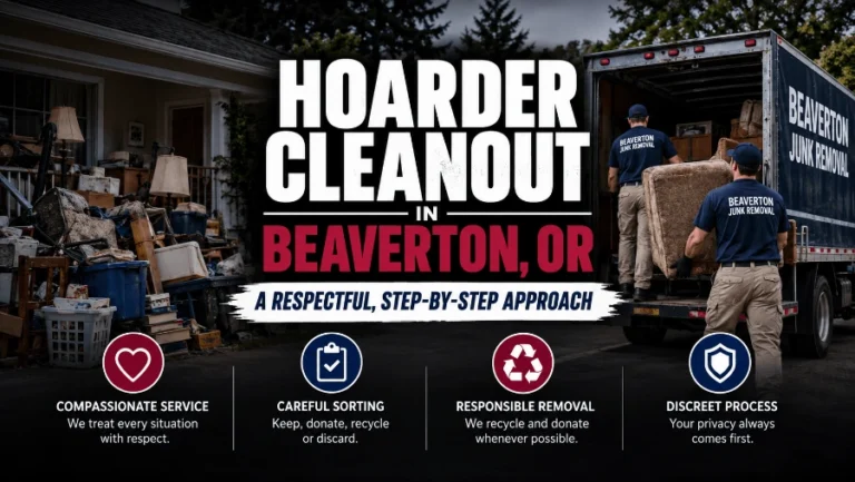 Hoarder Cleanout in Beaverton — Honest Pricing, No Judgment 11 Professional crew sorting and clearing a cluttered room during a hoarder cleanout in a Beaverton home