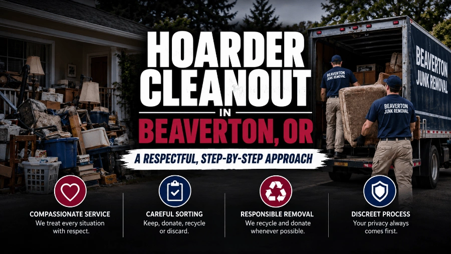 Hoarder Cleanout in Beaverton — Honest Pricing, No Judgment 1 Professional crew sorting and clearing a cluttered room during a hoarder cleanout in a Beaverton home