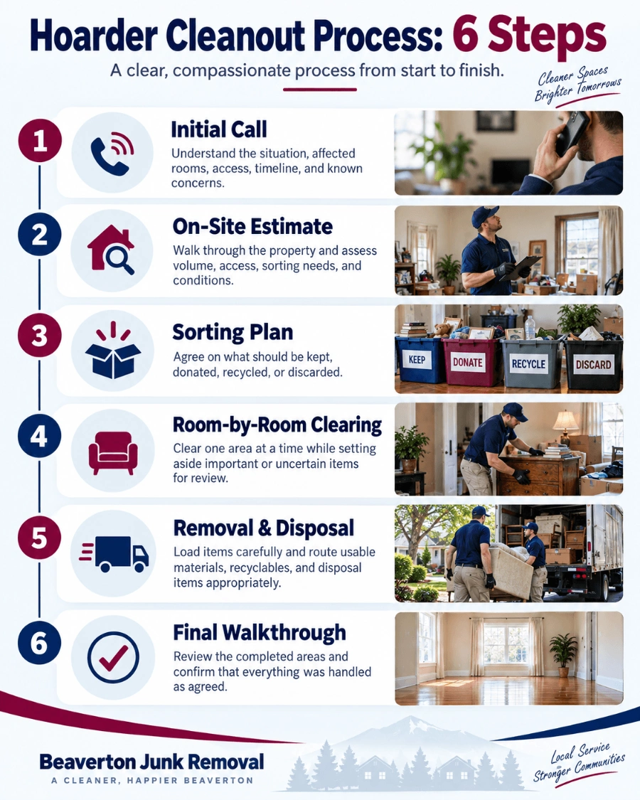 Hoarder Cleanout in Beaverton — Honest Pricing, No Judgment 4 Six steps in a professional hoarder cleanout process