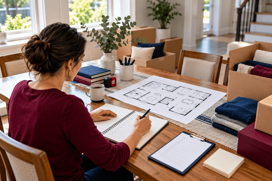 Homeowner mapping a room-by-room cleanout plan with a floor plan and checklist