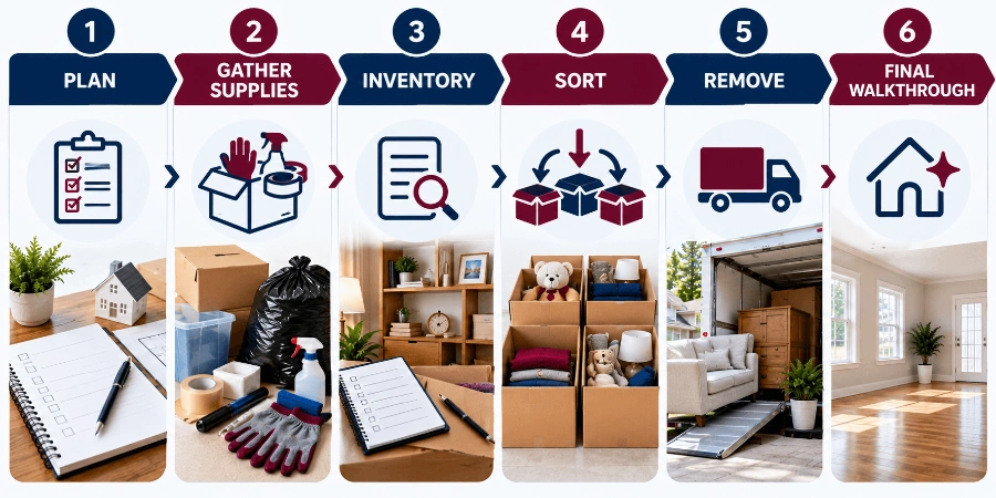 Six-step house cleanout infographic from planning to final walkthrough
