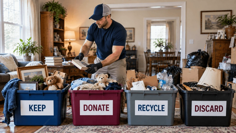 Hoarder Cleanout in Beaverton — Honest Pricing, No Judgment 3 Household items sorted into keep, donate, recycle and discard