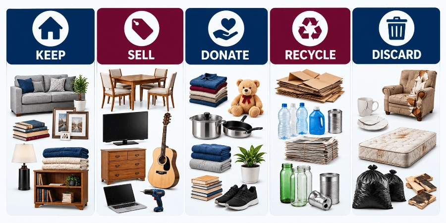 Sorting infographic with keep, sell, donate, recycle, and discard examples