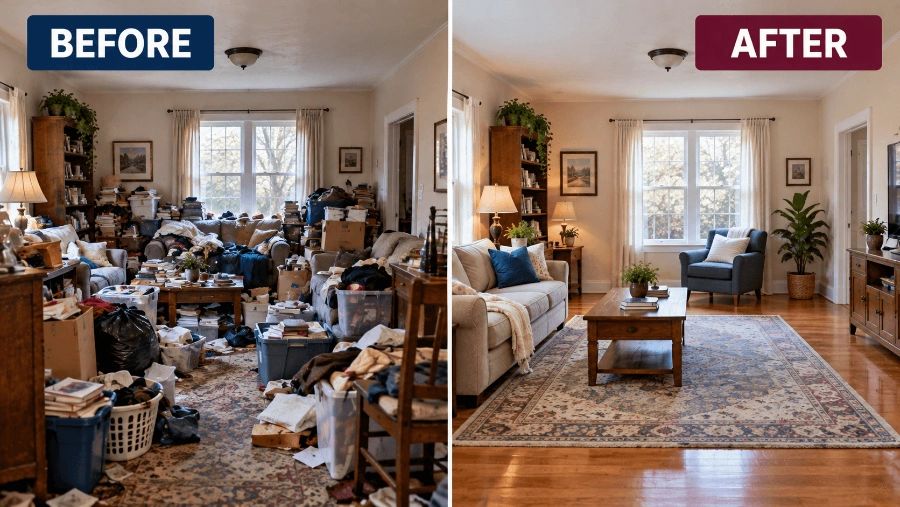 Hoarder Cleanout in Beaverton — Honest Pricing, No Judgment 5 Cluttered room before and after a professional cleanout