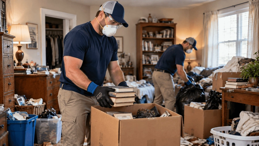 Hoarder Cleanout in Beaverton — Honest Pricing, No Judgment 6 Workers safely handling items during a residential cleanout