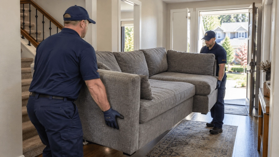 Crew carrying a heavy sectional sofa through a Beaverton home for large item removal