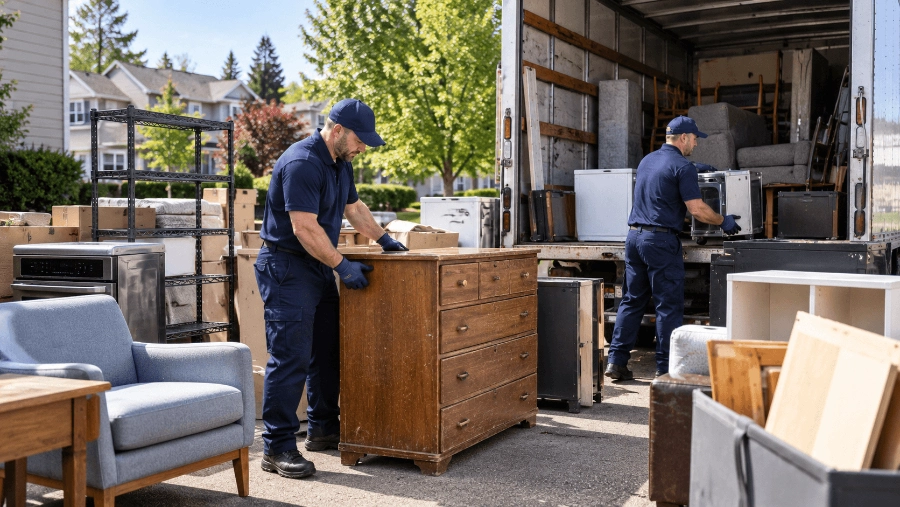 Large household items being sorted for recycling, donation, or disposal after pickup in Beaverton