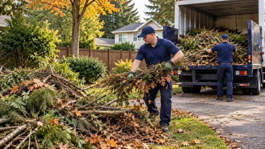 Yard Debris Removal Beaverton 1 Yard debris pickup in Beaverton with workers loading branches and yard waste into a truck
